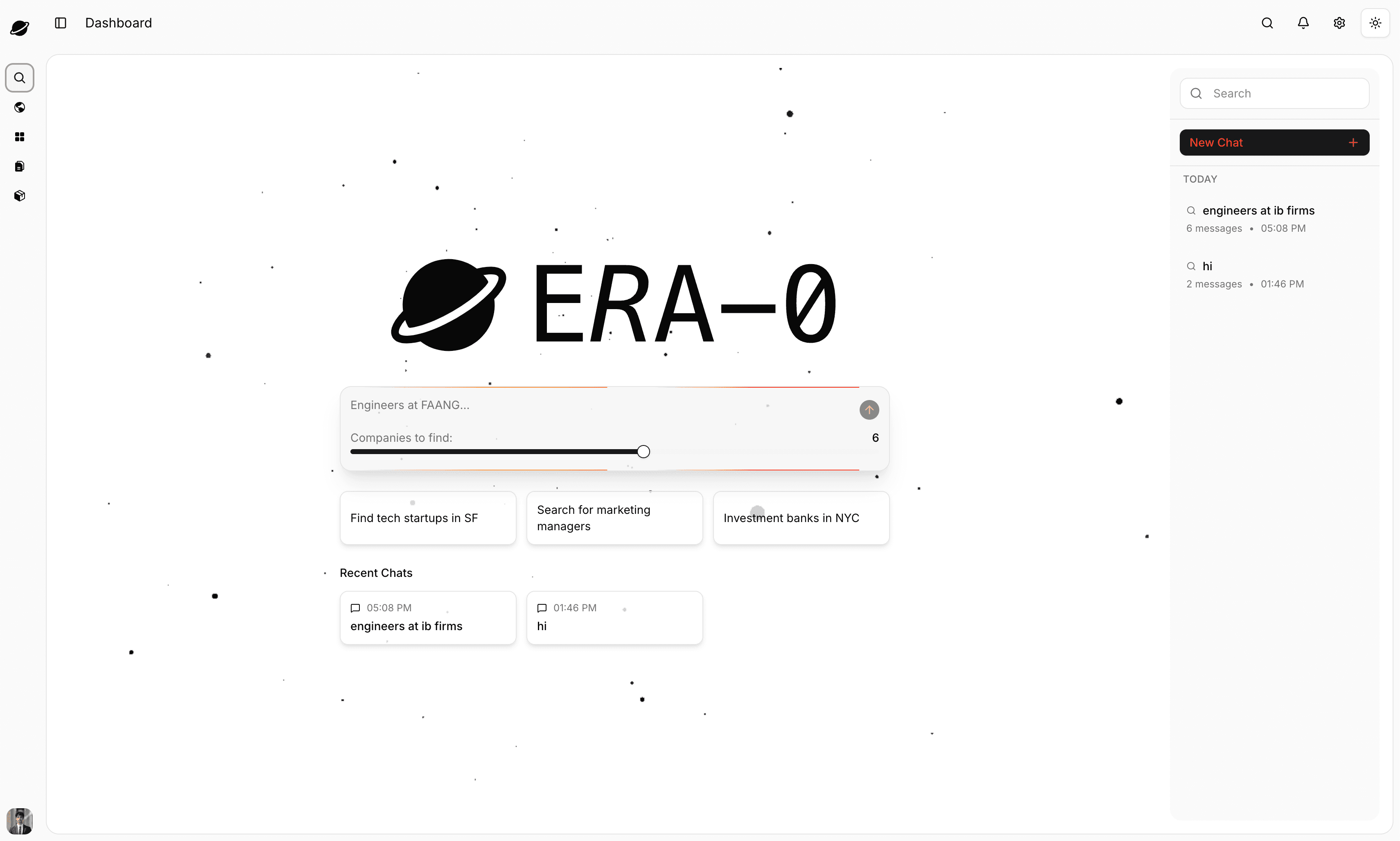 ERA-0 AI-powered email discovery platform interface showing real-time contact search results and chat interface